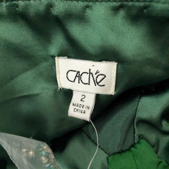 Cache Prom Dress Midi Gown 2 Green Silk Vintage Y2K Glam Bead Holiday Halter - Picture 12 of 14